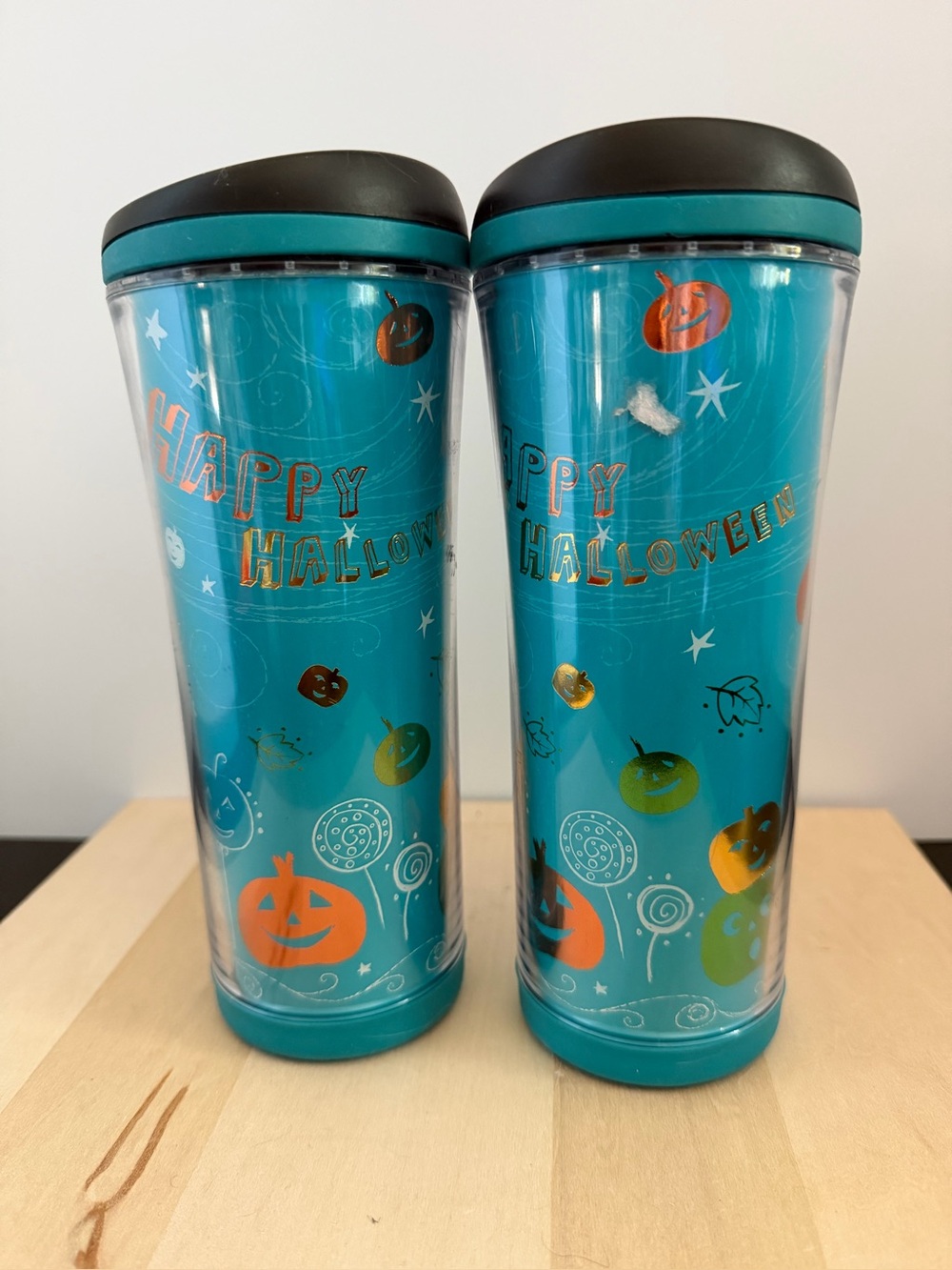 Set of 2 - 2007 16 oz Halloween Travel Tumblers - Teal Happy Halloween Design